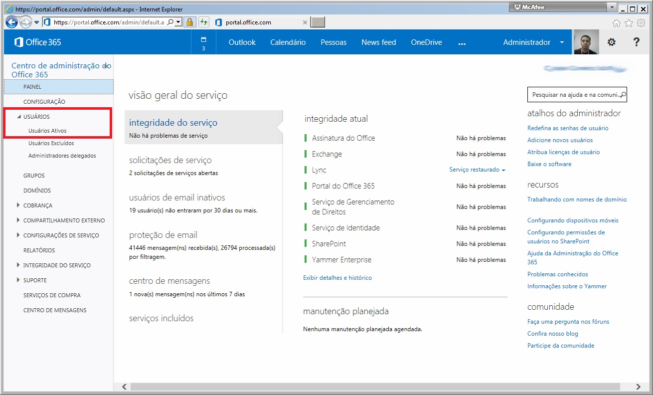 Figura 1: Centro de Administração do Office 365