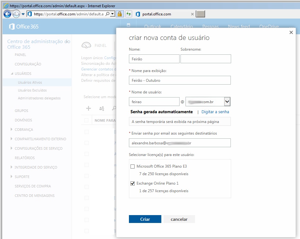 Figura 3: Criando a conta de e-mail promocional