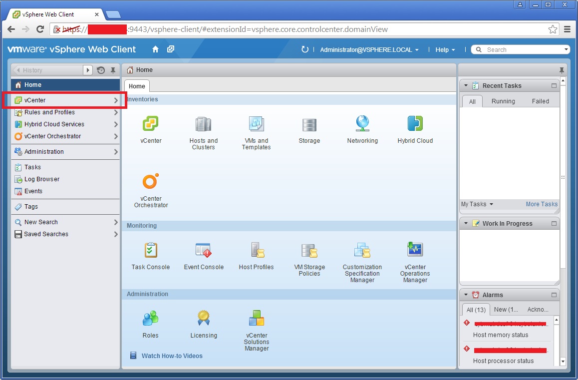 Acessando menu Lateral vcenter