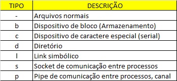 Descrição dos tipos encontrados na listagem gerada pelo comando LS