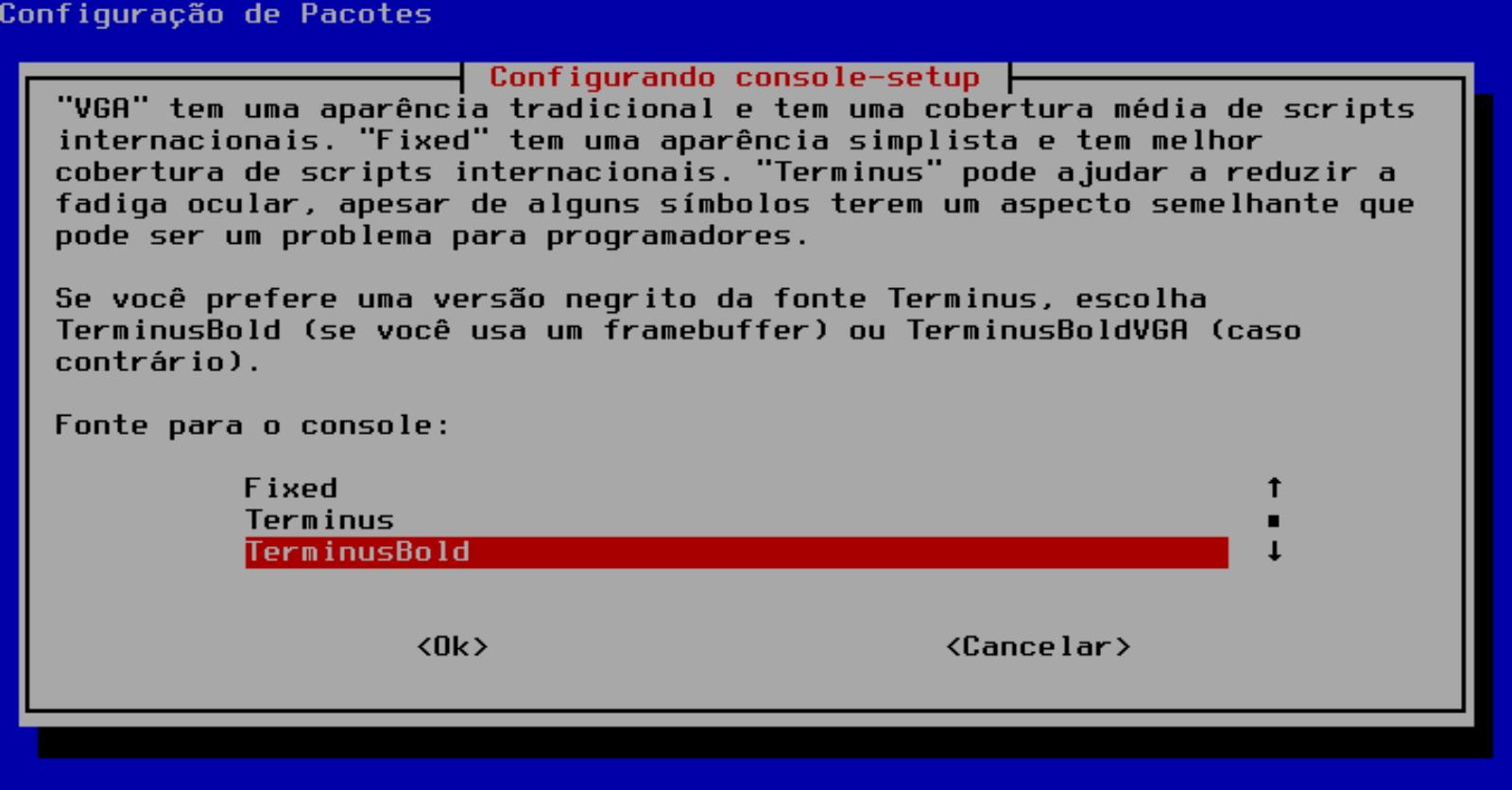 Terceira tela vista executando dpkg reconfigure console-setup