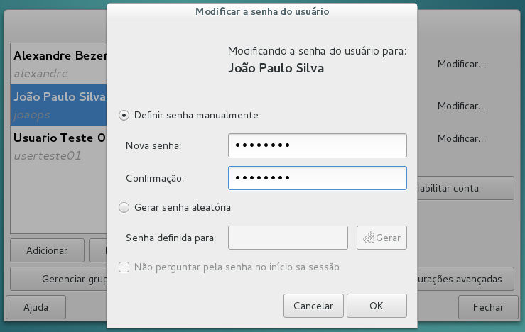 Definir senha para novo usuário de exemplo