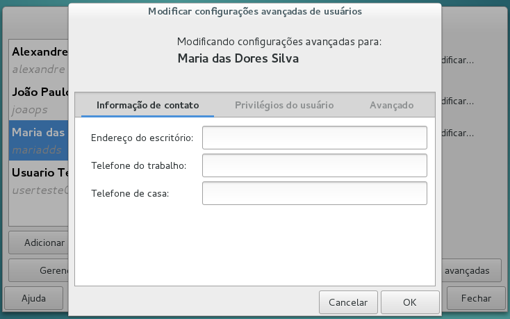 Informações avançadas do usuário: Contato
