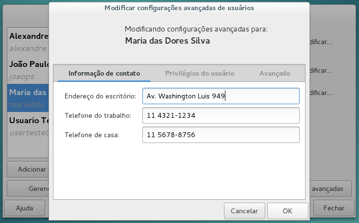 Informações avançadas do usuário: Contato