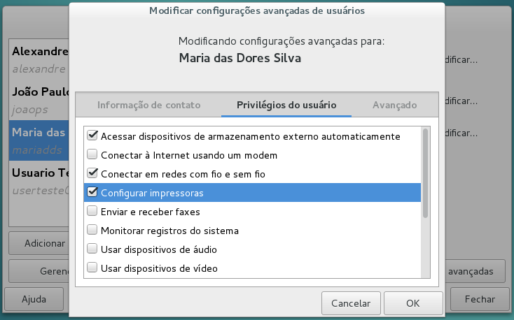 Informações avançadas do usuário: Privilégios