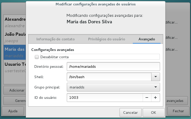 Informações avançadas do usuário: Avançados