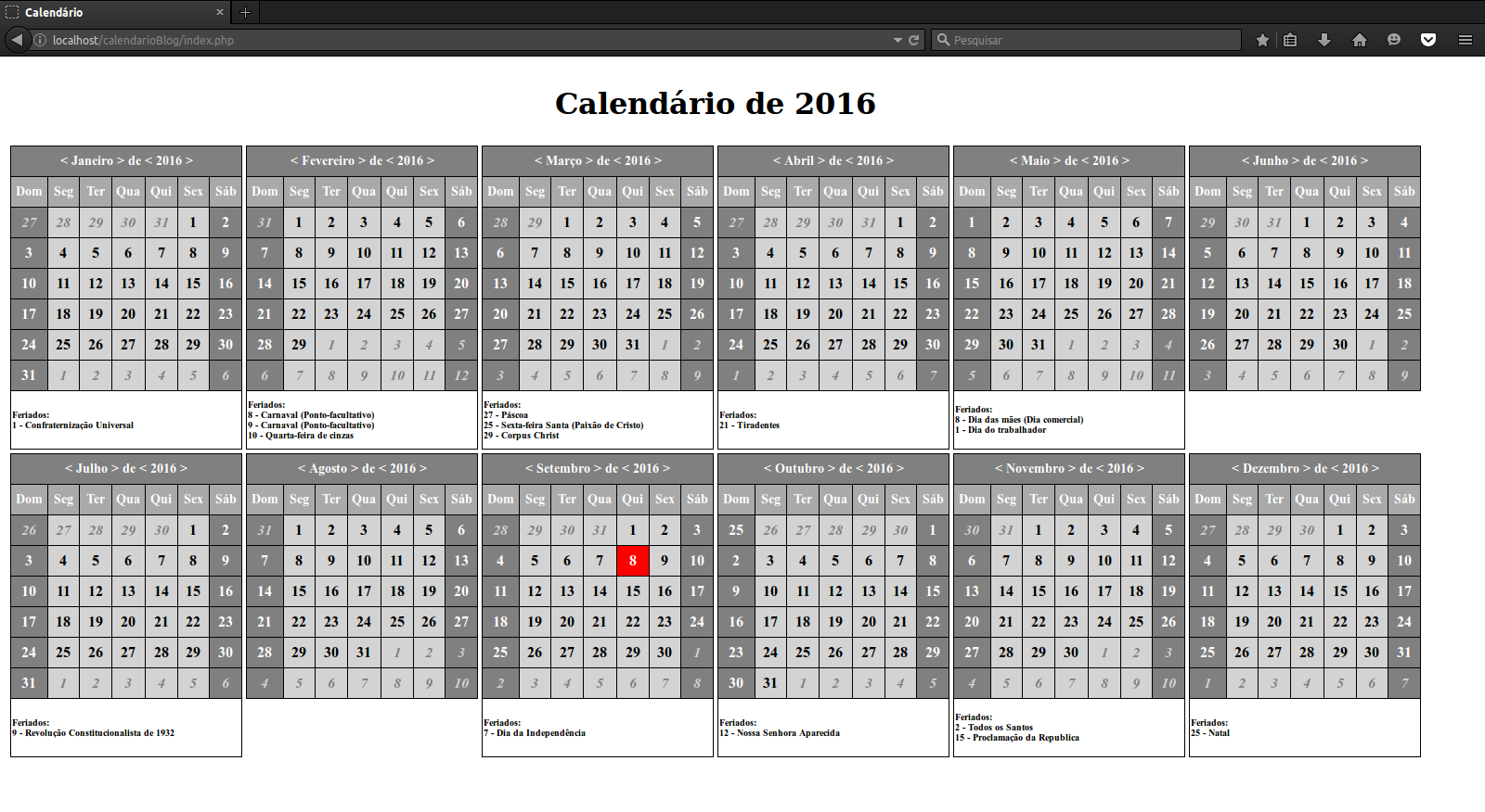 Artigo classe PHP para calendário: Exibindo na tela o ano inteiro com estilo