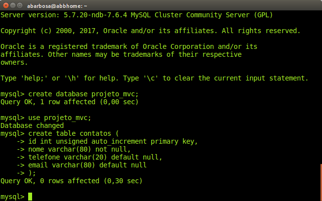 Tabela criada para o projeto CRUD MVC